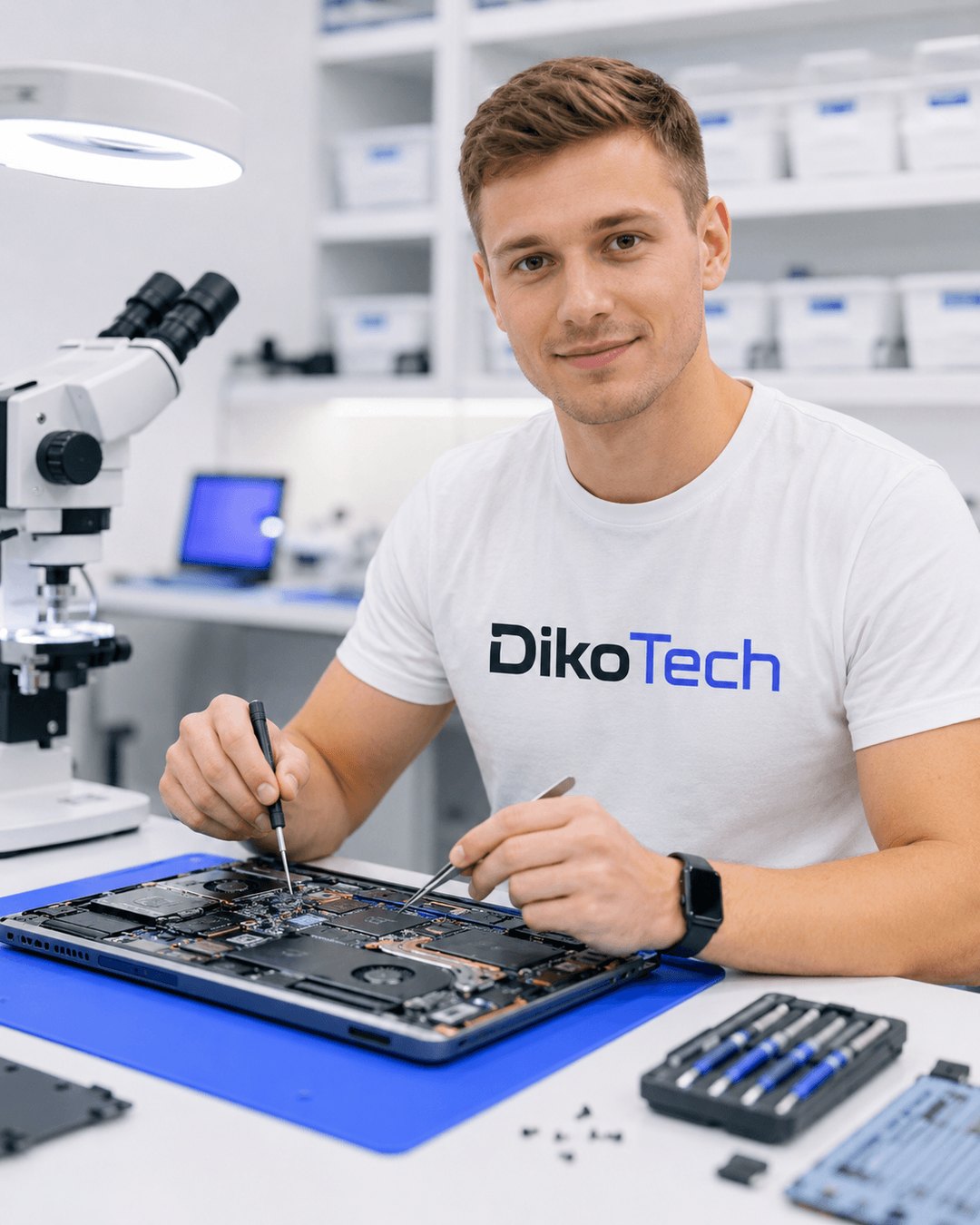 Мастер DikoTech ремонтирует ноутбук в сервисном центре